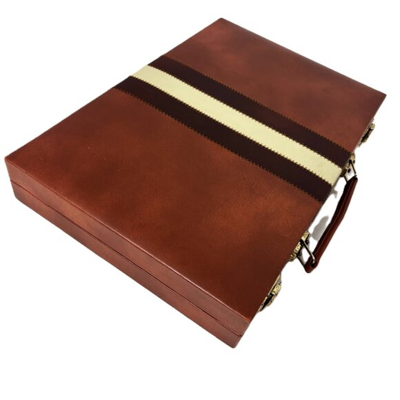 Backgammon Set Faux  Brown Cream Leather Case Complete - Picture 3 of 11